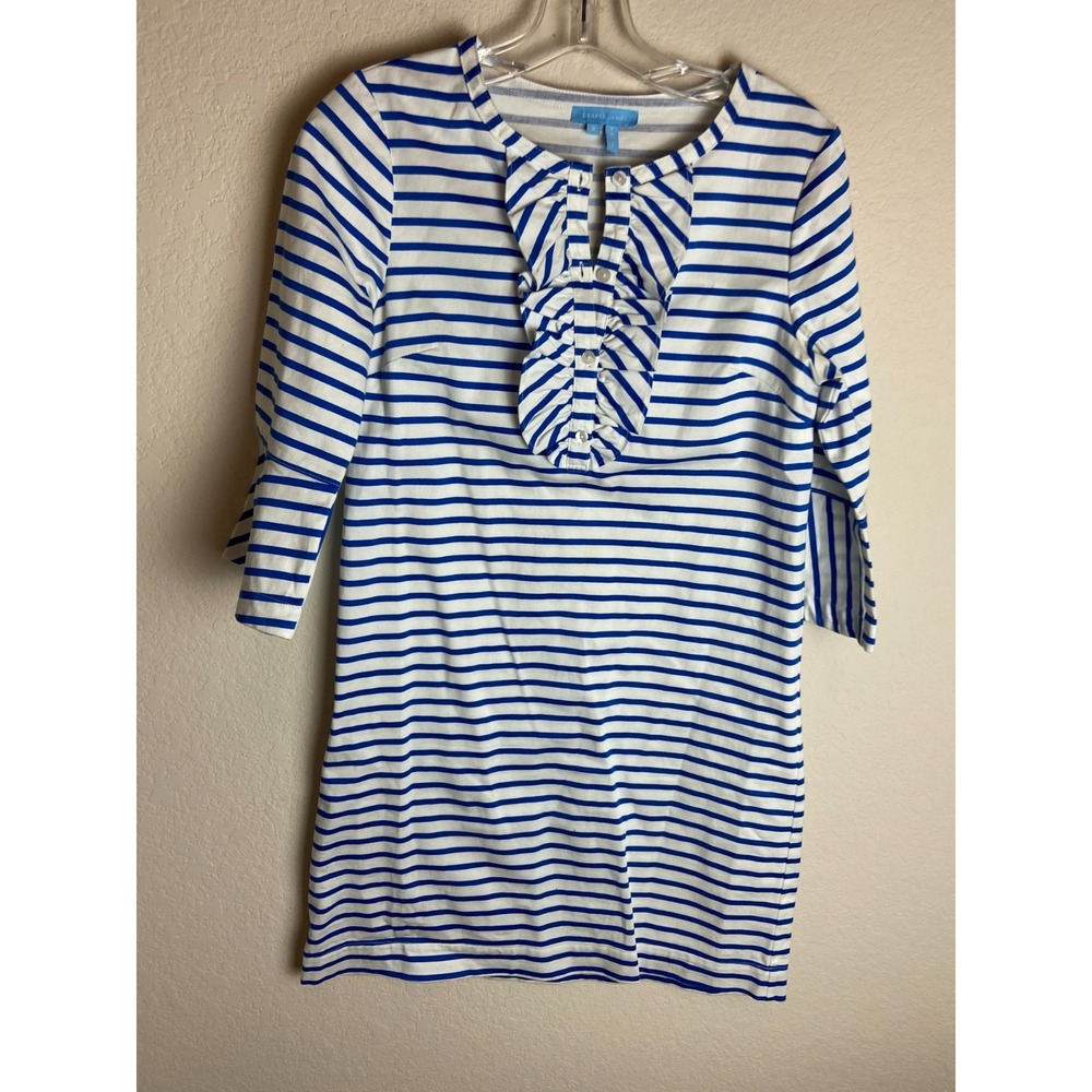 Draper James Womens Sailor Stripe Ruffle Shift Dress Sea Blue Sz 2  Bell Sleeve